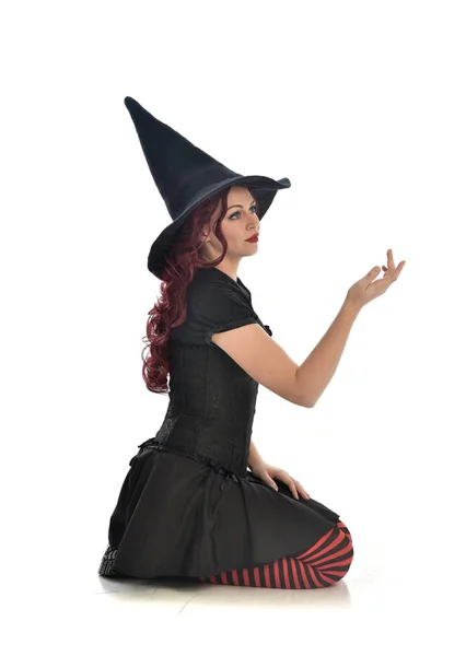 Full Length Portrait Red Haired Girl Wearing Black Witch Costume — Stock Photo, Image