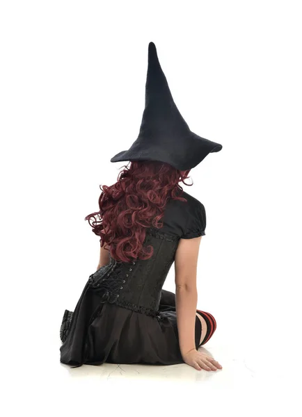 Full Length Portrait Red Haired Girl Wearing Black Witch Costume — Stock Photo, Image
