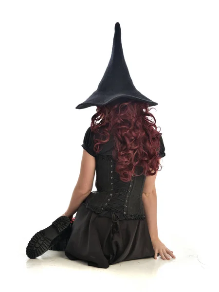 Portrait Complet Fille Aux Cheveux Rouges Portant Costume Sorcière Noire — Photo