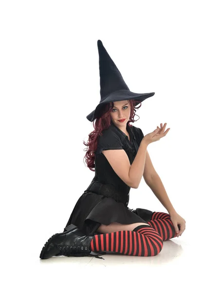 Full Length Portrait Red Haired Girl Wearing Black Witch Costume Stock Picture