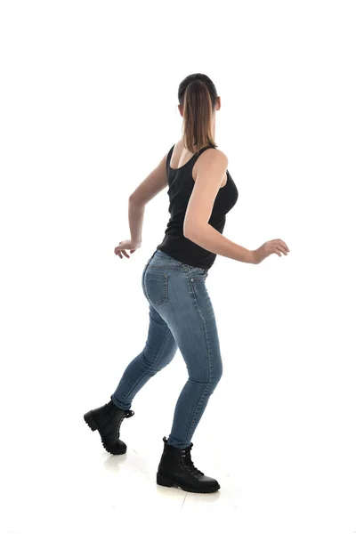 Full Length Portrait Brunette Girl Wearing Black Single Jeans Standing — Stock Photo, Image