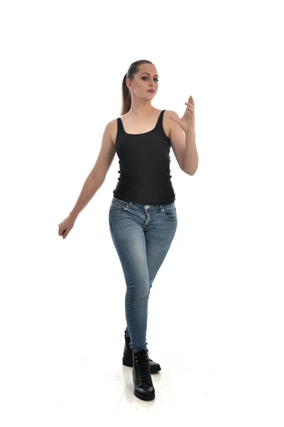 Full Length Portrait Brunette Girl Wearing Black Single Jeans Standing — Stock Photo, Image