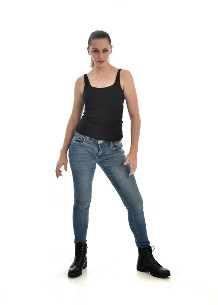 Portret Van Volledige Lengte Van Brunette Meisje Dragen Zwarte Single — Stockfoto