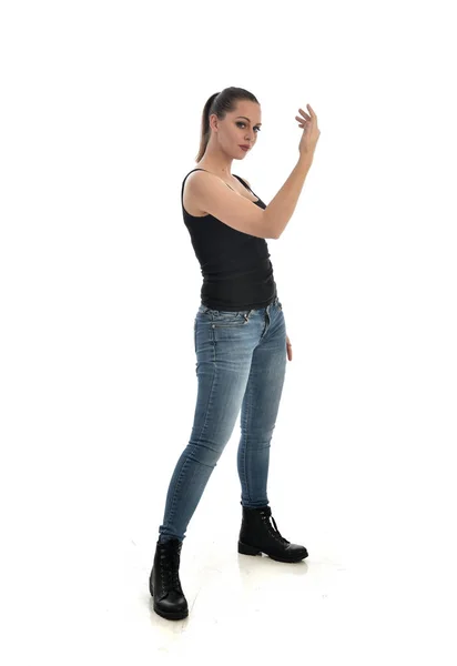 Full Length Portrait Brunette Girl Wearing Black Single Jeans Standing — Stock Photo, Image