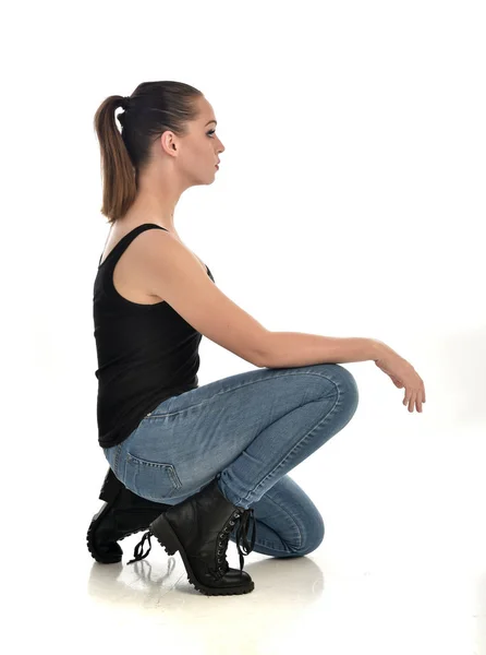 Full Length Portrait Brunette Girl Wearing Black Single Jeans Seated — Stock Photo, Image