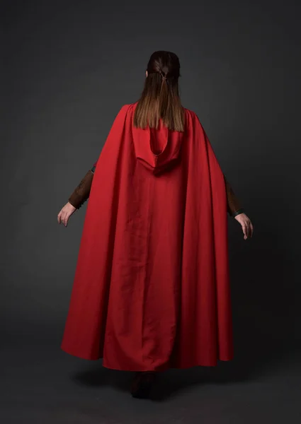 Portrait Complet Fille Brune Portant Costume Manteau Médiéval Rouge Pose — Photo