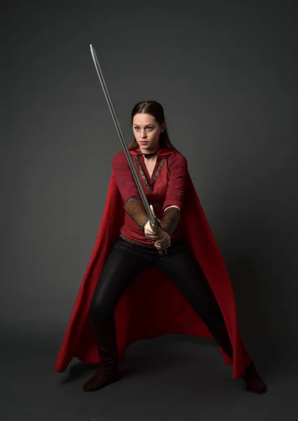 Full Length Portrait Brunette Girl Wearing Red Medieval Costume Cloak — Stock Photo, Image