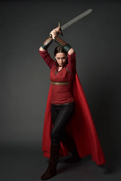 Full Length Portrait Brunette Girl Wearing Red Medieval Costume Cloak — Stock Photo, Image