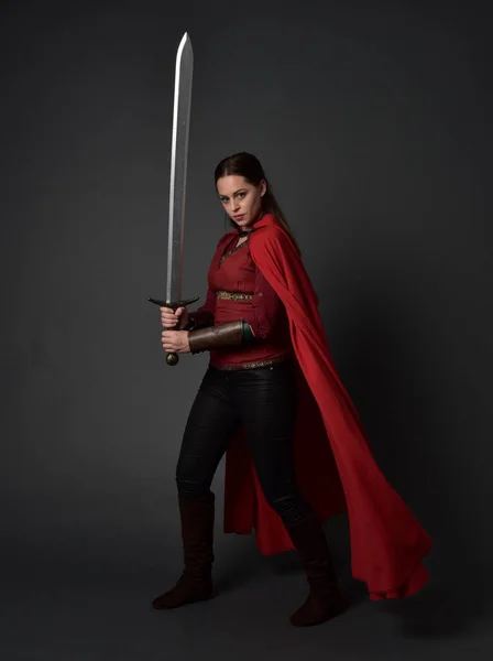 Full Length Portrait Brunette Girl Wearing Red Medieval Costume Cloak — Stock Photo, Image