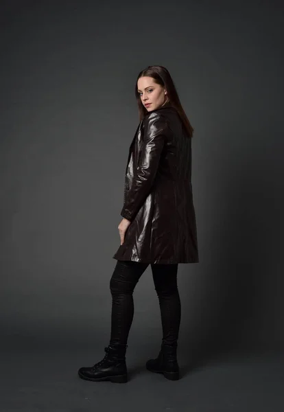 Full Length Portrait Brunette Girl Wearing Long Leather Coat Boots — Stock Photo, Image