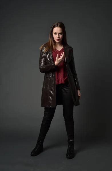 Full Length Portrait Brunette Girl Wearing Red Long Leather Jack — Stock Photo, Image