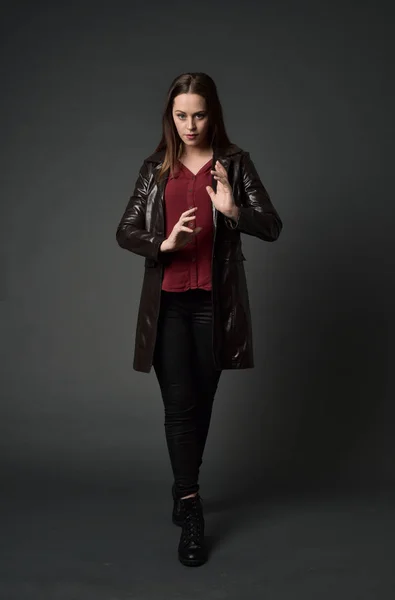 Full Length Portrait Brunette Girl Wearing Red Long Leather Jack — Stock Photo, Image