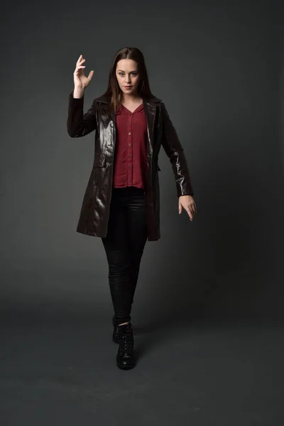 Full Length Portrait Brunette Girl Wearing Red Long Leather Jack — Stock Photo, Image