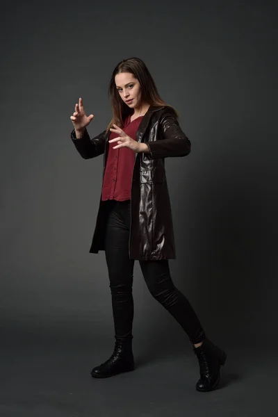 Full Length Portrait Brunette Girl Wearing Red Long Leather Jack — Stock Photo, Image