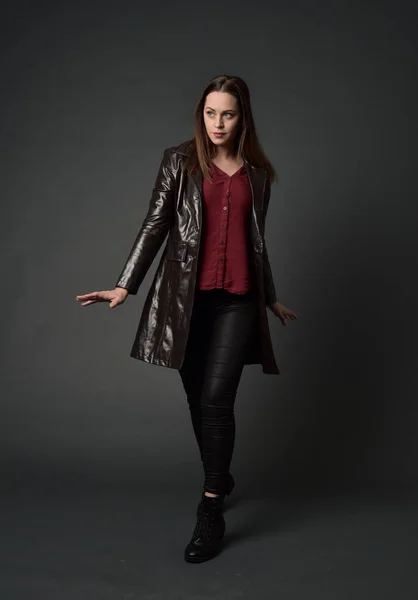 Full Length Portrait Brunette Girl Wearing Red Long Leather Jack — Stock Photo, Image