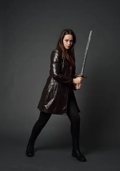 Full Length Portrait Brunette Girl Wearing Red Long Leather Jack — Stock Photo, Image