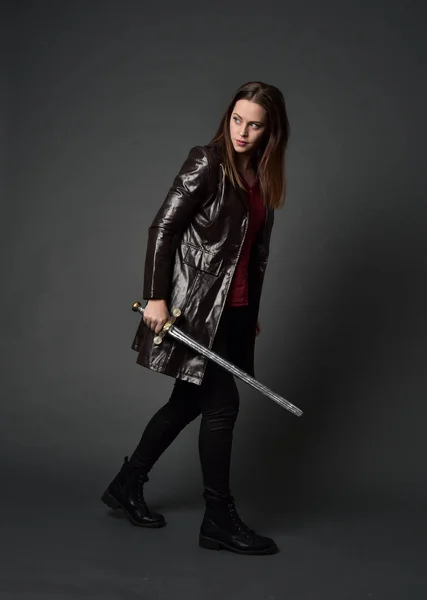 Full Length Portrait Brunette Girl Wearing Red Long Leather Jack — Stock Photo, Image