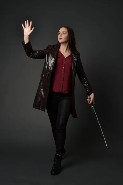 Full Length Portrait Brunette Girl Wearing Red Long Leather Jack — Stock Photo, Image