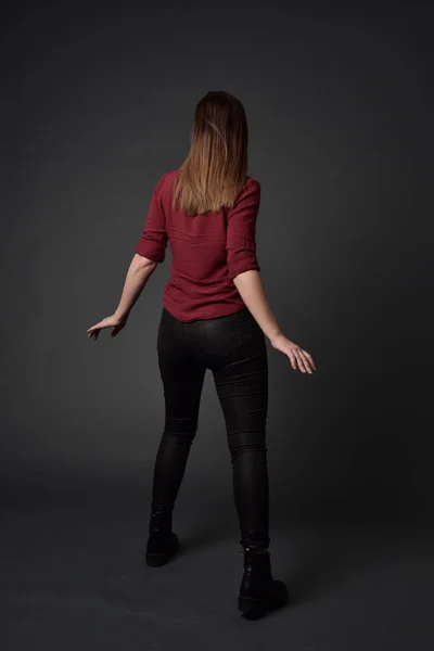 Full Length Portrait Brunette Girl Wearing Red Shirt Leather Pants — Stock Photo, Image