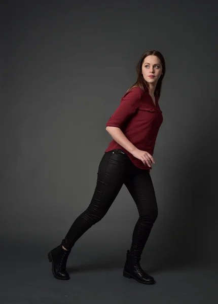 Full Length Portrait Brunette Girl Wearing Red Shirt Leather Pants — Stock Photo, Image