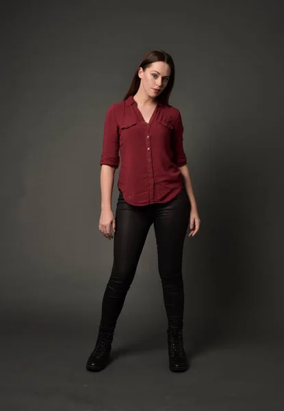 Full Length Portrait Brunette Girl Wearing Red Shirt Leather Pants — Stock Photo, Image