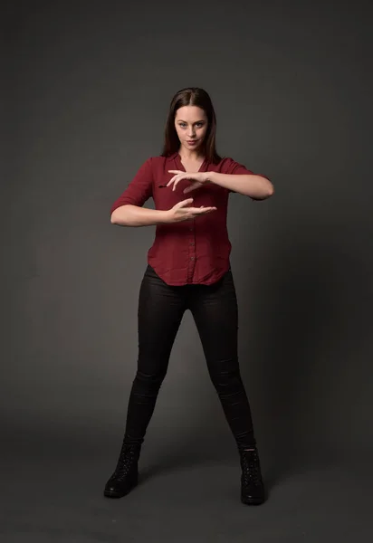 Full Length Portrait Brunette Girl Wearing Red Shirt Leather Pants — Stock Photo, Image