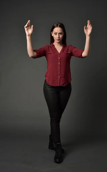 Full Length Portrait Brunette Girl Wearing Red Shirt Leather Pants — Stock Photo, Image