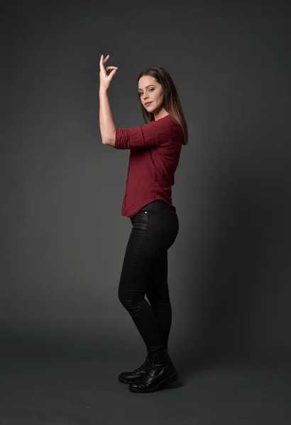 Full Length Portrait Brunette Girl Wearing Red Shirt Leather Pants — Stock Photo, Image