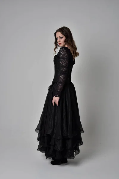 Full Length Portrait Brunette Girl Wearing Long Black Lace Gown — Stock Photo, Image