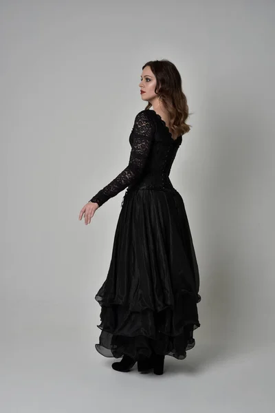 Full Length Portrait Brunette Girl Wearing Long Black Lace Gown — Stock Photo, Image