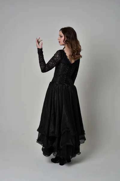 Full Length Portrait Brunette Girl Wearing Long Black Lace Gown — Stock Photo, Image