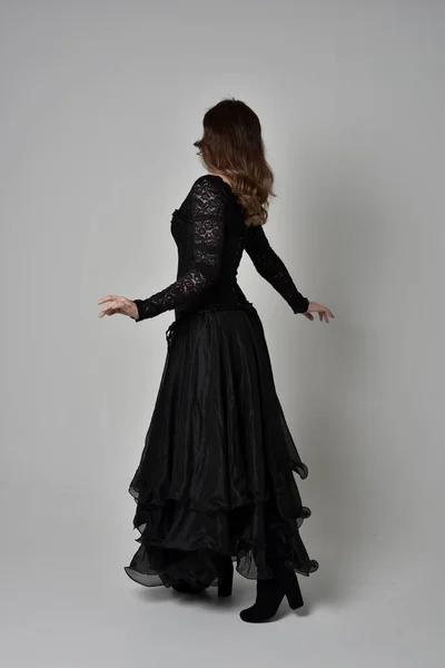 Full Length Portrait Brunette Girl Wearing Long Black Lace Gown — Stock Photo, Image