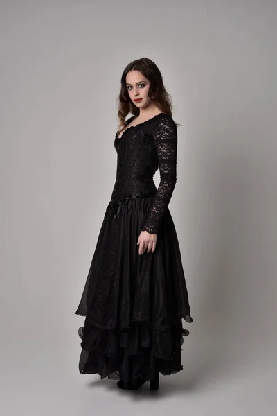 Full Length Portrait Brunette Girl Wearing Long Black Lace Gown — Stock Photo, Image