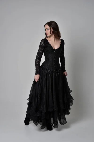 Full Length Portrait Brunette Girl Wearing Long Black Lace Gown — Stock Photo, Image