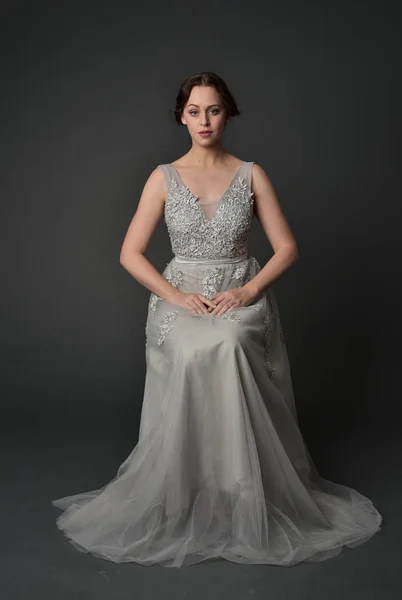 Full Length Portrait Brunette Girl Wearing Long Silver Ball Gown — Stock Photo, Image