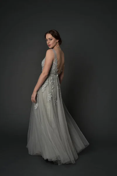 Full Length Portrait Brunette Girl Wearing Long Silver Ball Gown — Stock Photo, Image