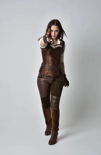 Full Length Portrait Young Brunette Girl Wearing Brown Leather Steampunk — Stock Photo, Image