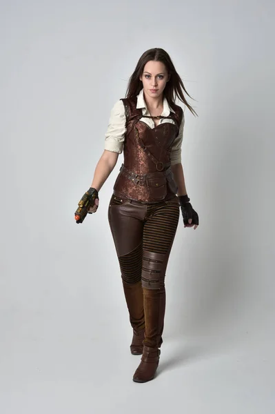 Full Length Portrait Young Brunette Girl Wearing Brown Leather Steampunk — Stock Photo, Image