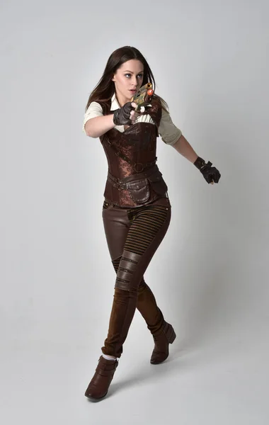 Full Length Portrait Young Brunette Girl Wearing Brown Leather Steampunk — Stock Photo, Image