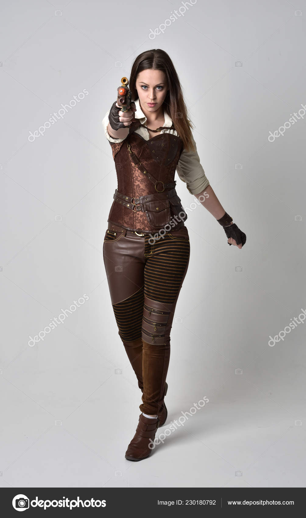 Full Length Portrait Young Brunette Girl Wearing Brown Leather