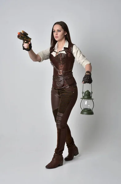 Full Length Portrait Young Brunette Girl Wearing Brown Leather Steampunk — Stock Photo, Image
