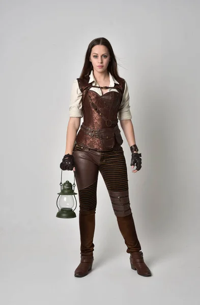 Full Length Portrait Young Brunette Girl Wearing Brown Leather Steampunk — Stock Photo, Image