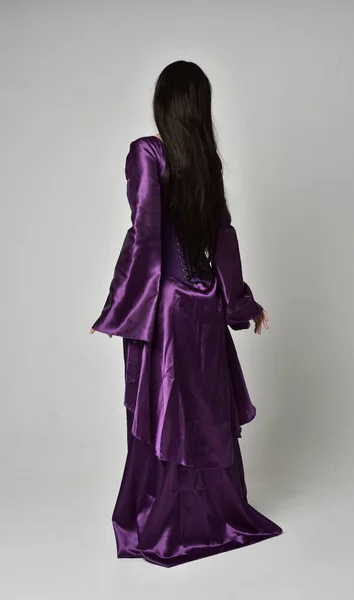 Full Length Portrait Beautiful Girl Long Black Hair Wearing Purple — Stock Photo, Image