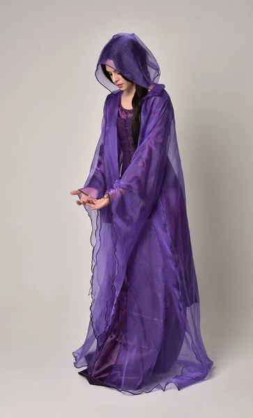 紫ファンタジー中世ドレスとマントを身に着けている長い黒髪の美しい少女の完全な長さの肖像画 灰色のスタジオの背景に立ちポーズ — ストック写真