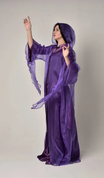 보라색 판타지 드레스와 여자의 초상화 스튜디오 배경에서 — 스톡 사진