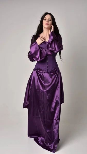 Full Length Portrait Beautiful Girl Long Black Hair Wearing Purple — Stock Photo, Image