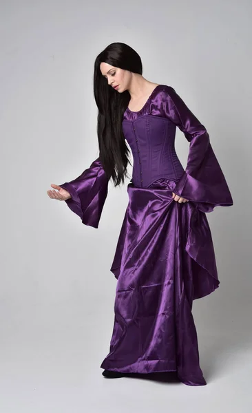 Full Length Portrait Beautiful Girl Long Black Hair Wearing Purple — Stock Photo, Image
