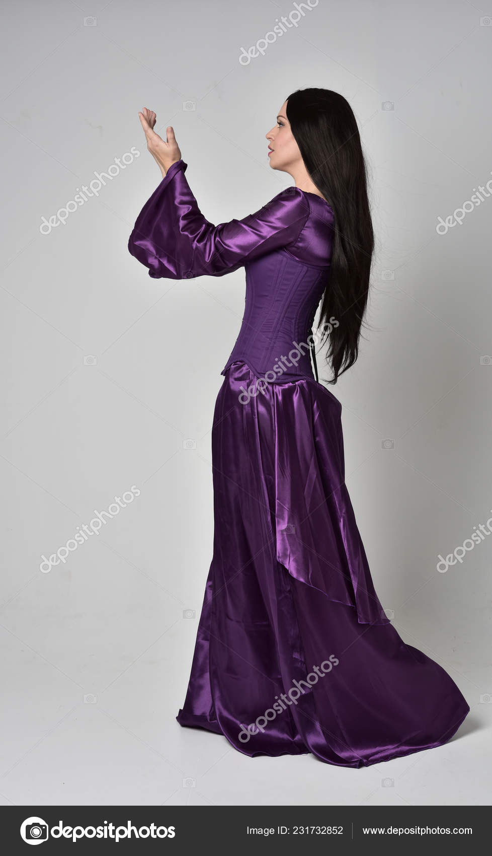 Full Length Portrait Beautiful Girl Long Black Hair Wearing Purple