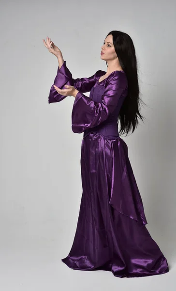 Full Length Portrait Beautiful Girl Long Black Hair Wearing Purple — Stock Photo, Image