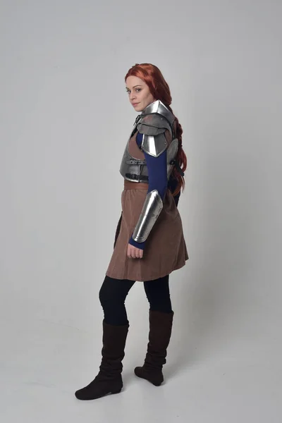 Full Length Portrait Red Haired Girl Wearing Medieval Warrior Costume — Stock Photo, Image